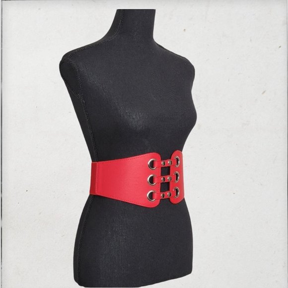 Women's Vintage High-Grade PU leather Waist band Corset Belt Red - Picture 3 of 4